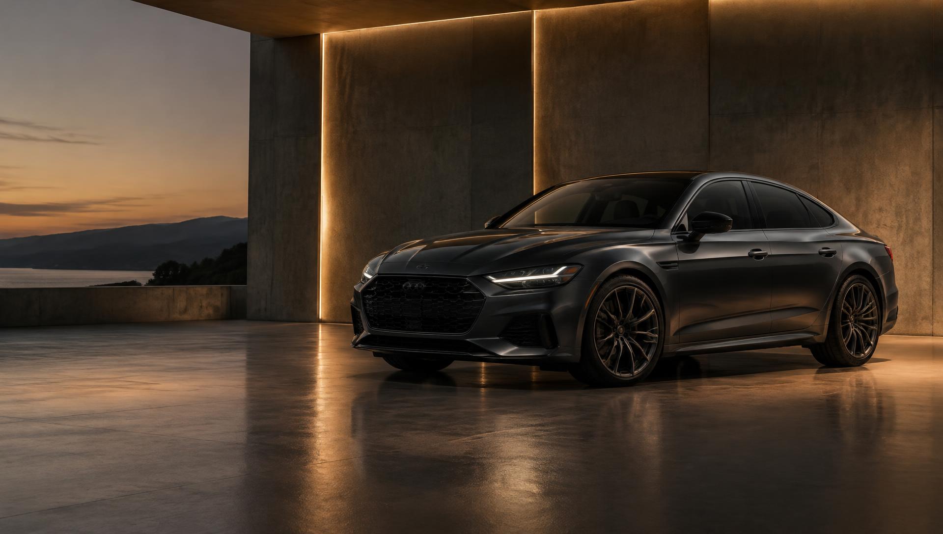 Donkere sedan in een sfeervol verlichte showroom